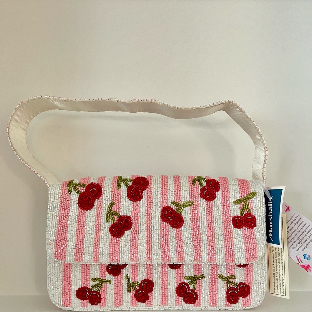 Viral Cherry Embellished Beaded Pink and White Women's Bag